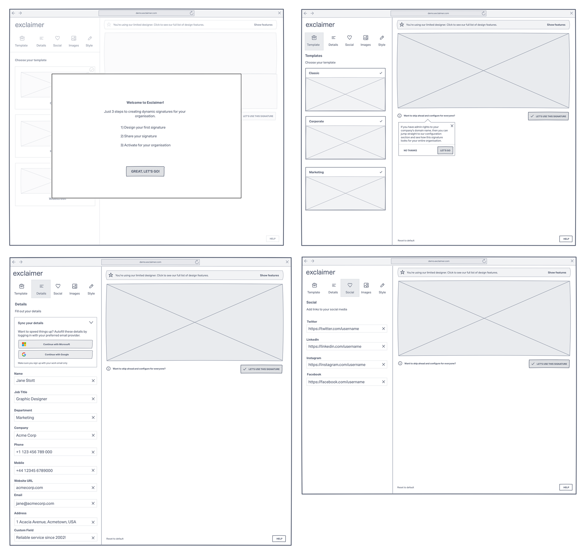 Exclaimer Free Trial - Wireframes